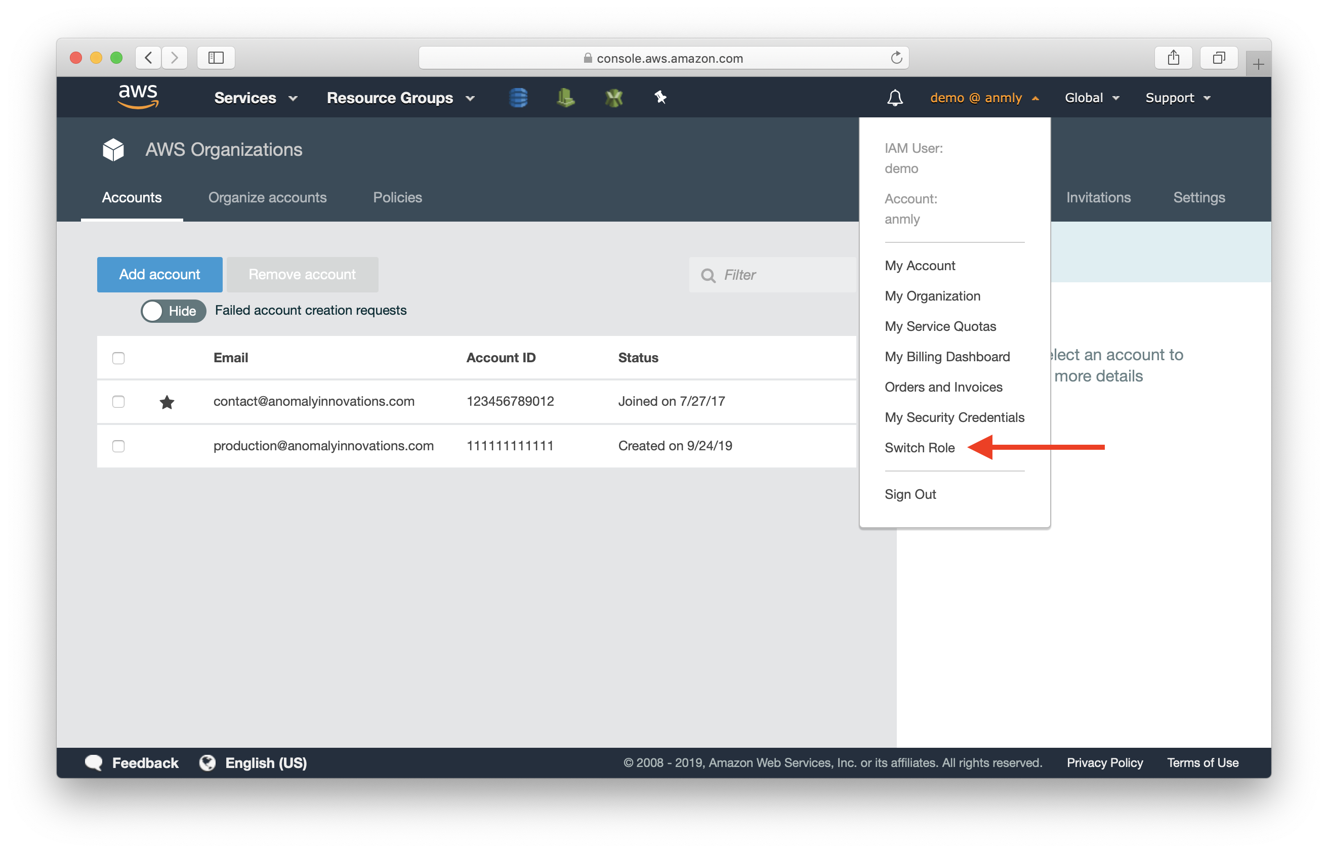 Select switch role in AWS console