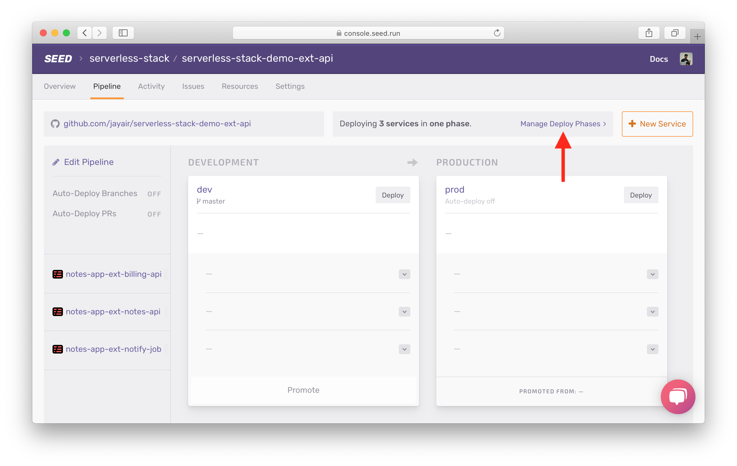 Hit Manage Deploy Phases screenshot