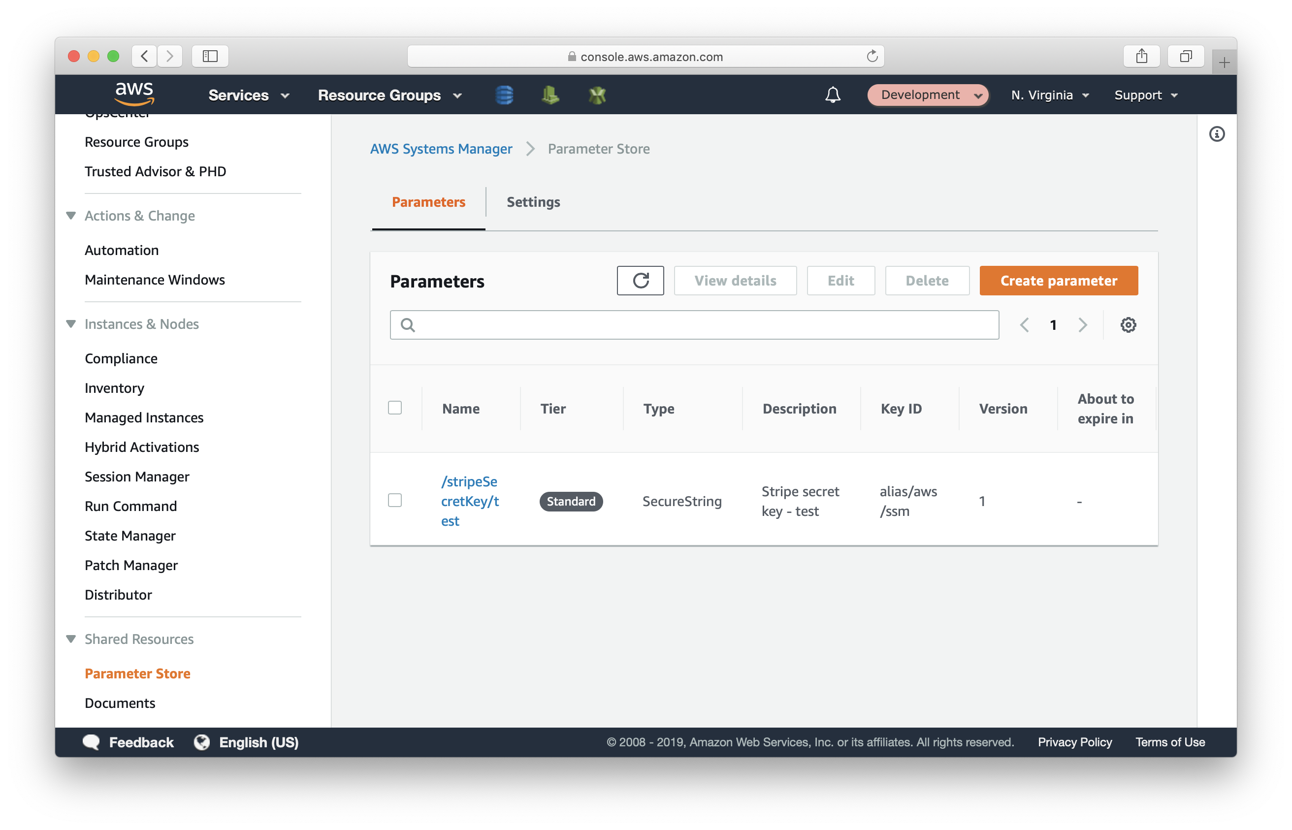 Create parameter in Development account