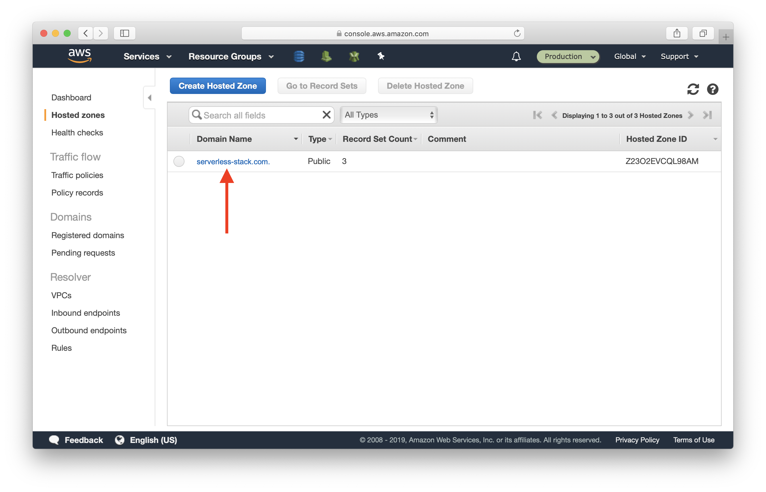 Select Route 53 in Production account