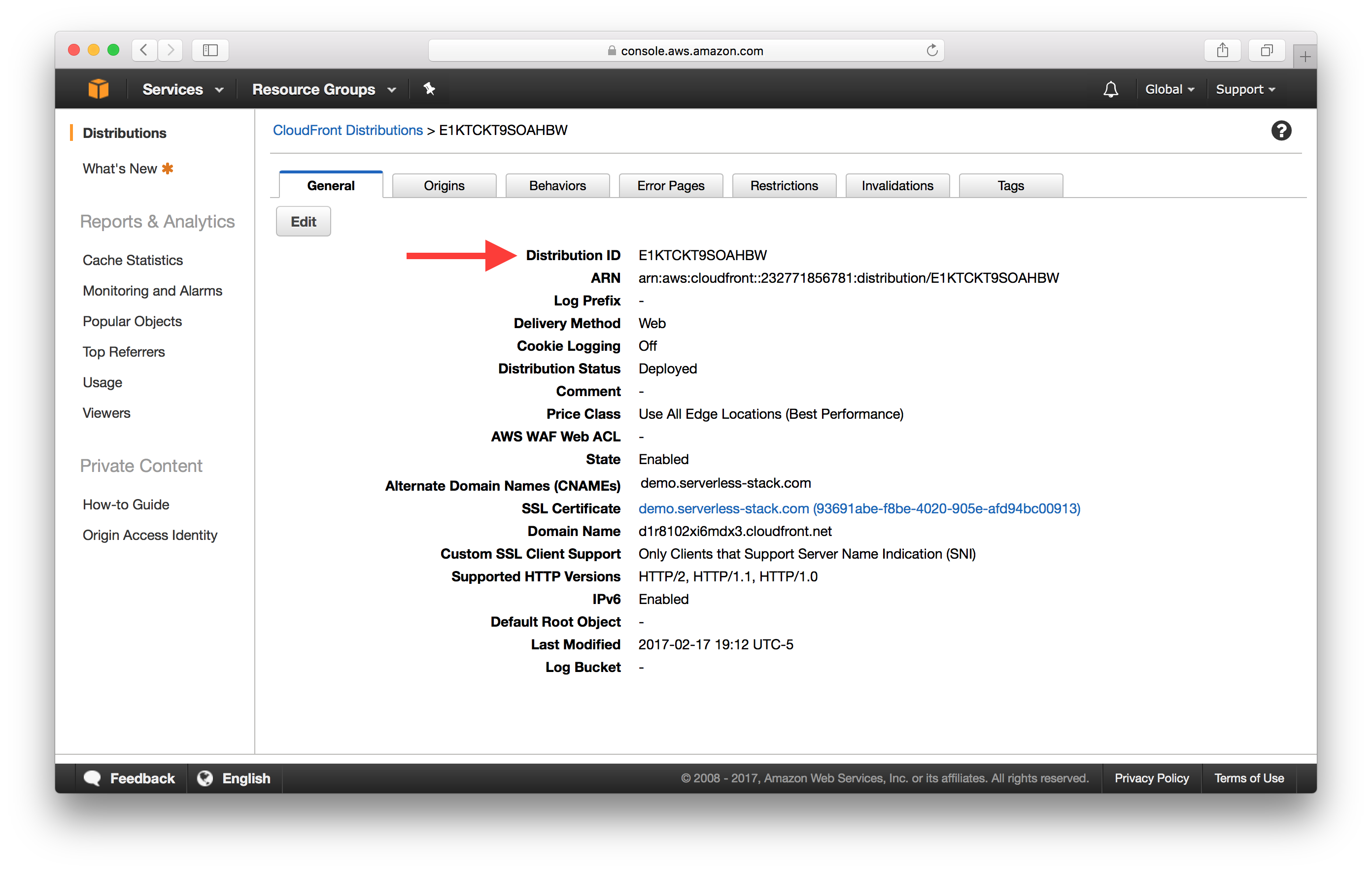 CloudFront Distributions ID screenshot