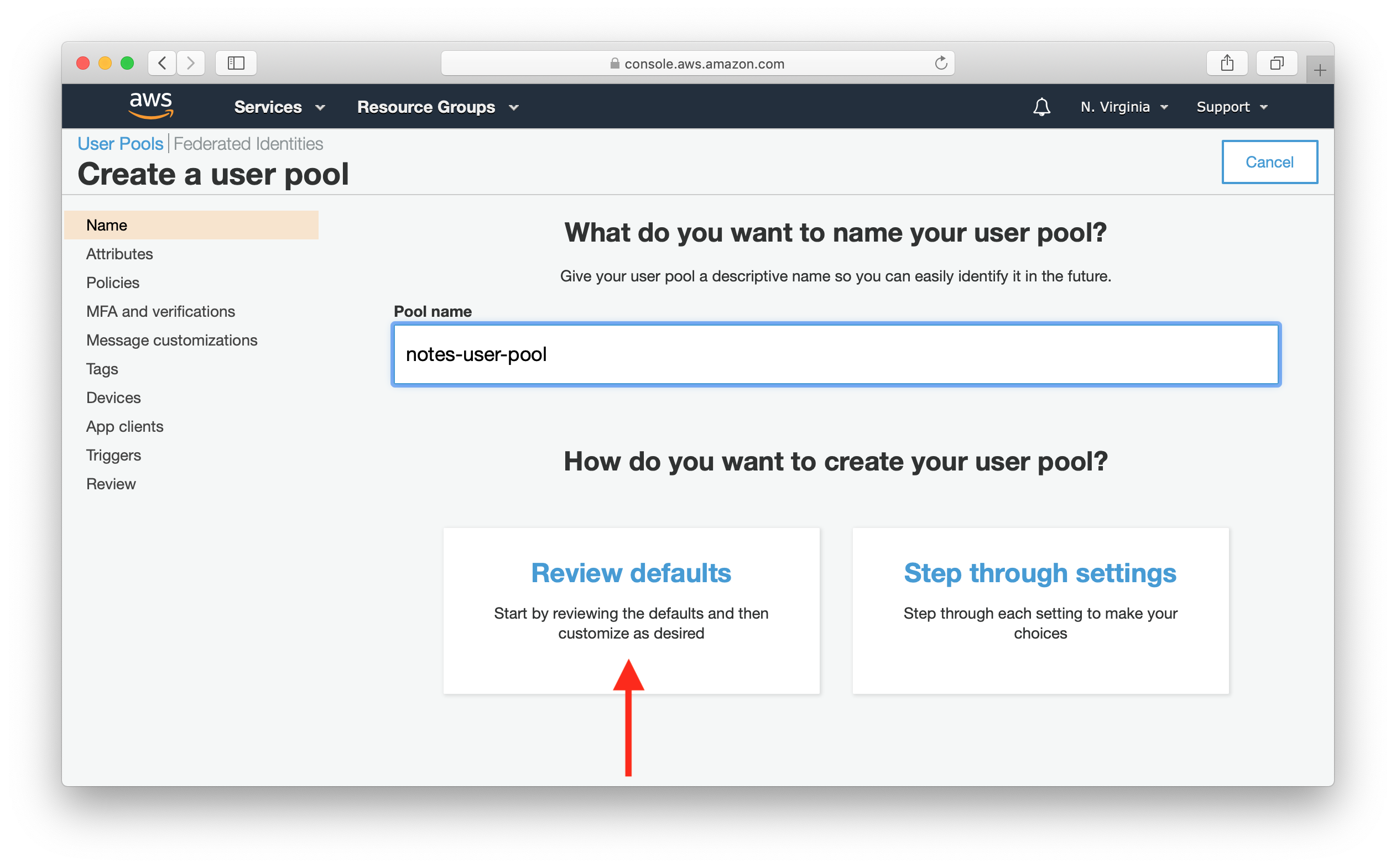 Fill in Cognito User Pool info screenshot