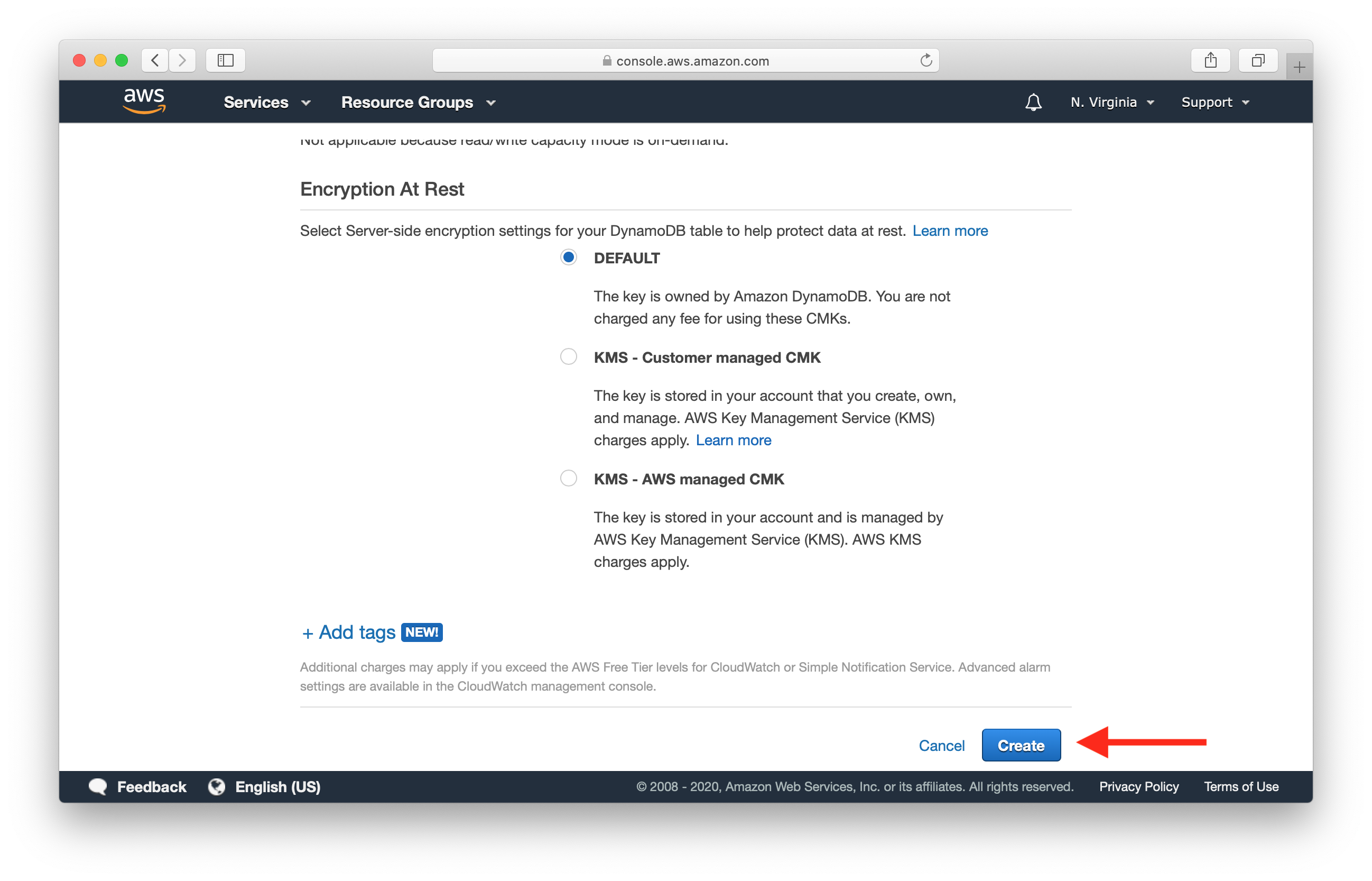 Create DynamoDB table screenshot