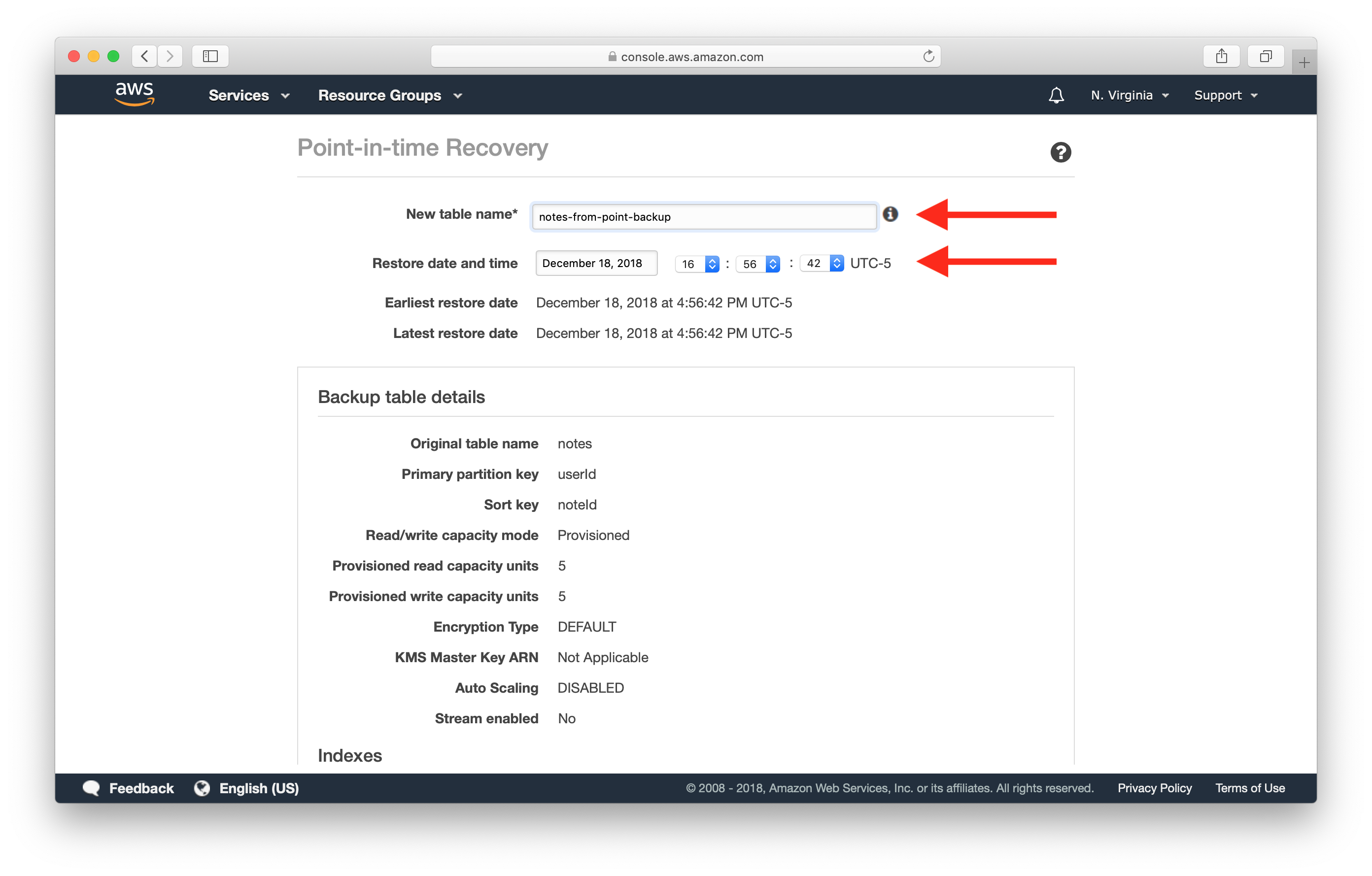 Pick Restore DynamoDB to Point-in-time screenshot