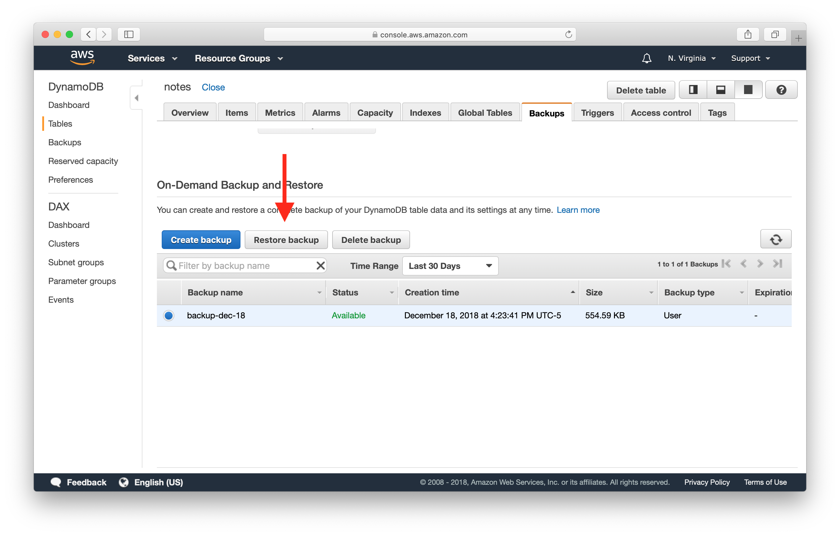 Select Restore DynamoDB table backup screenshot