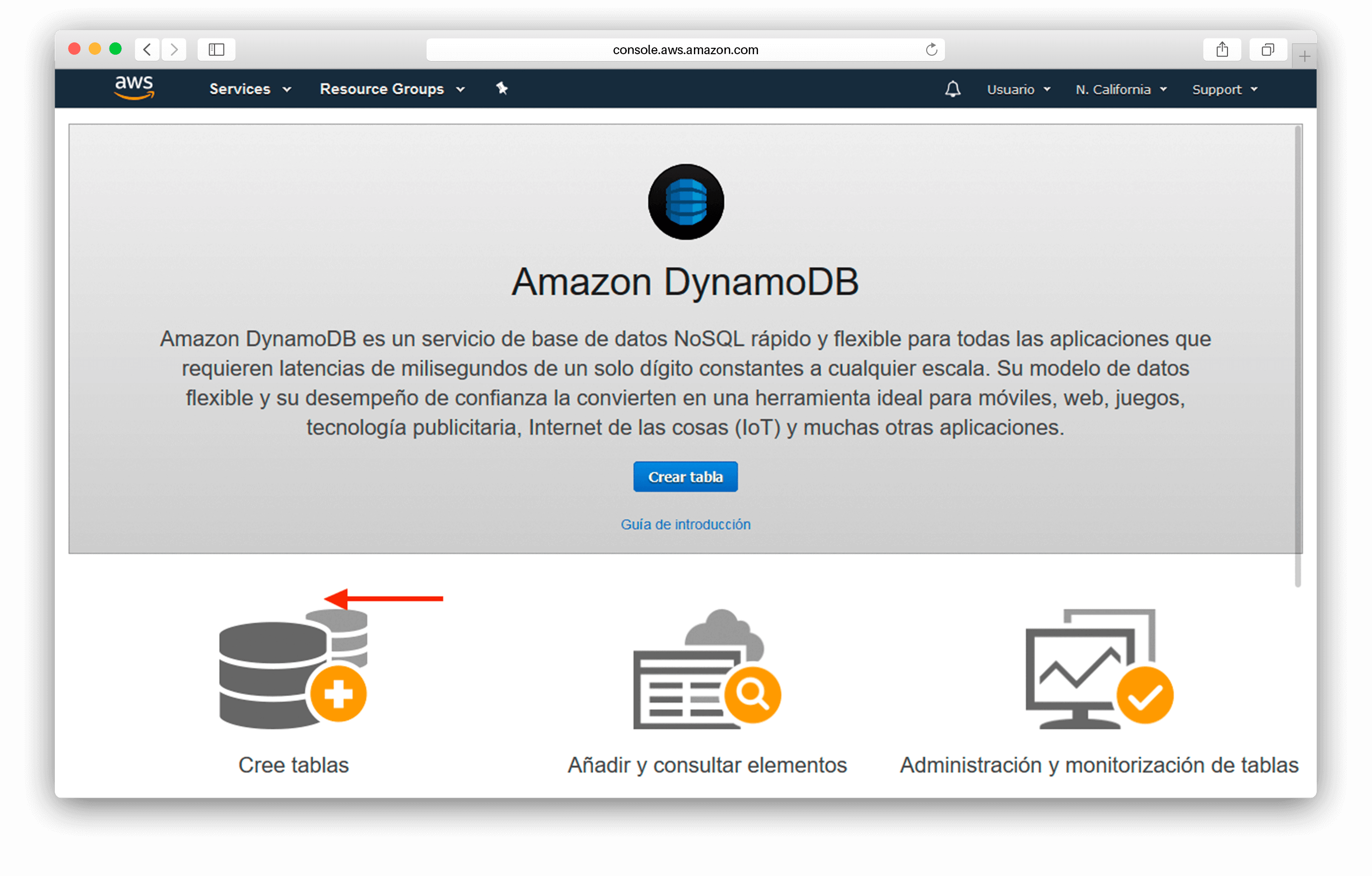 Captura de crear tabla de DynamoDB