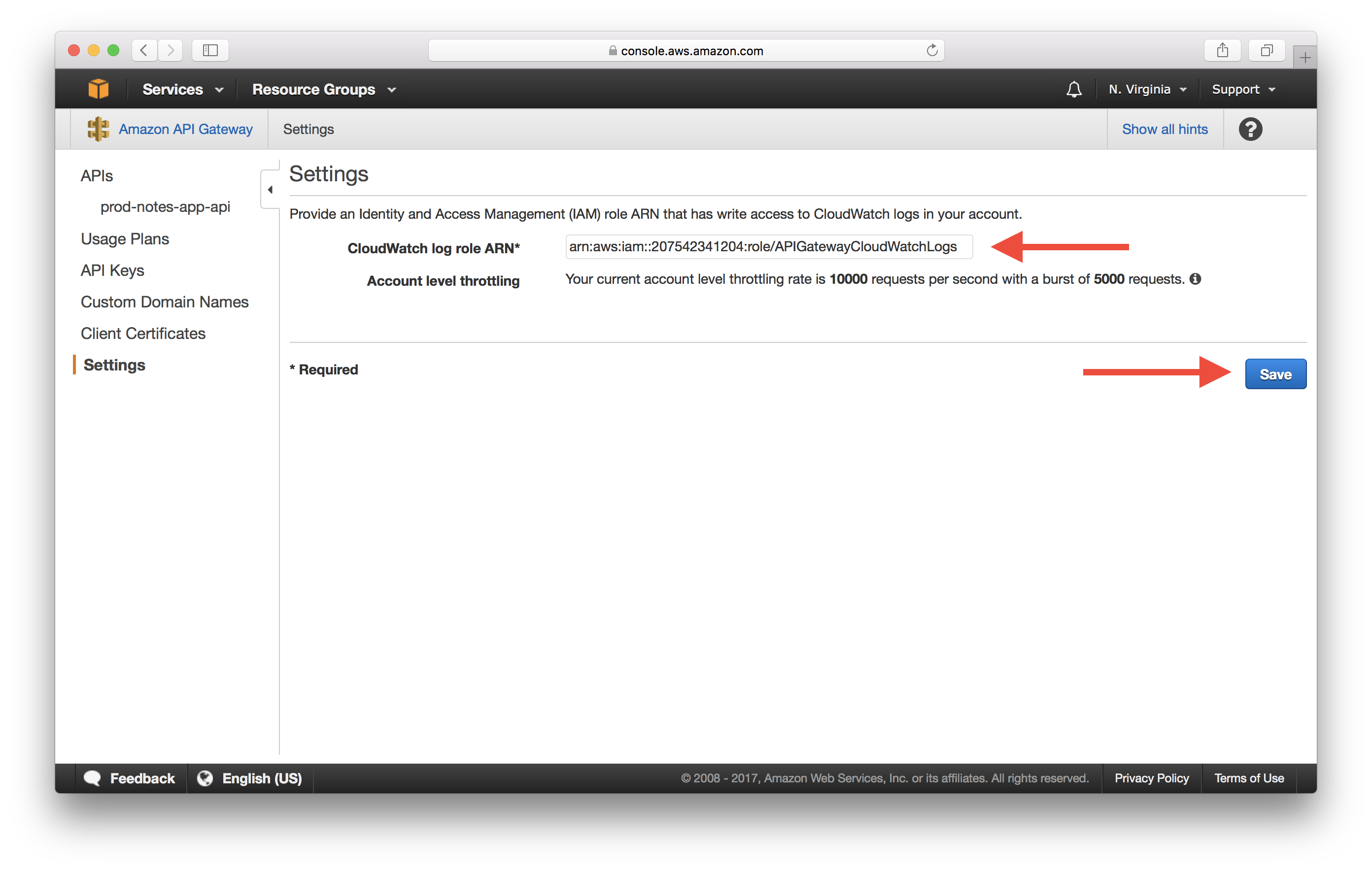 Fill in API Gateway CloudWatch Info Screenshot