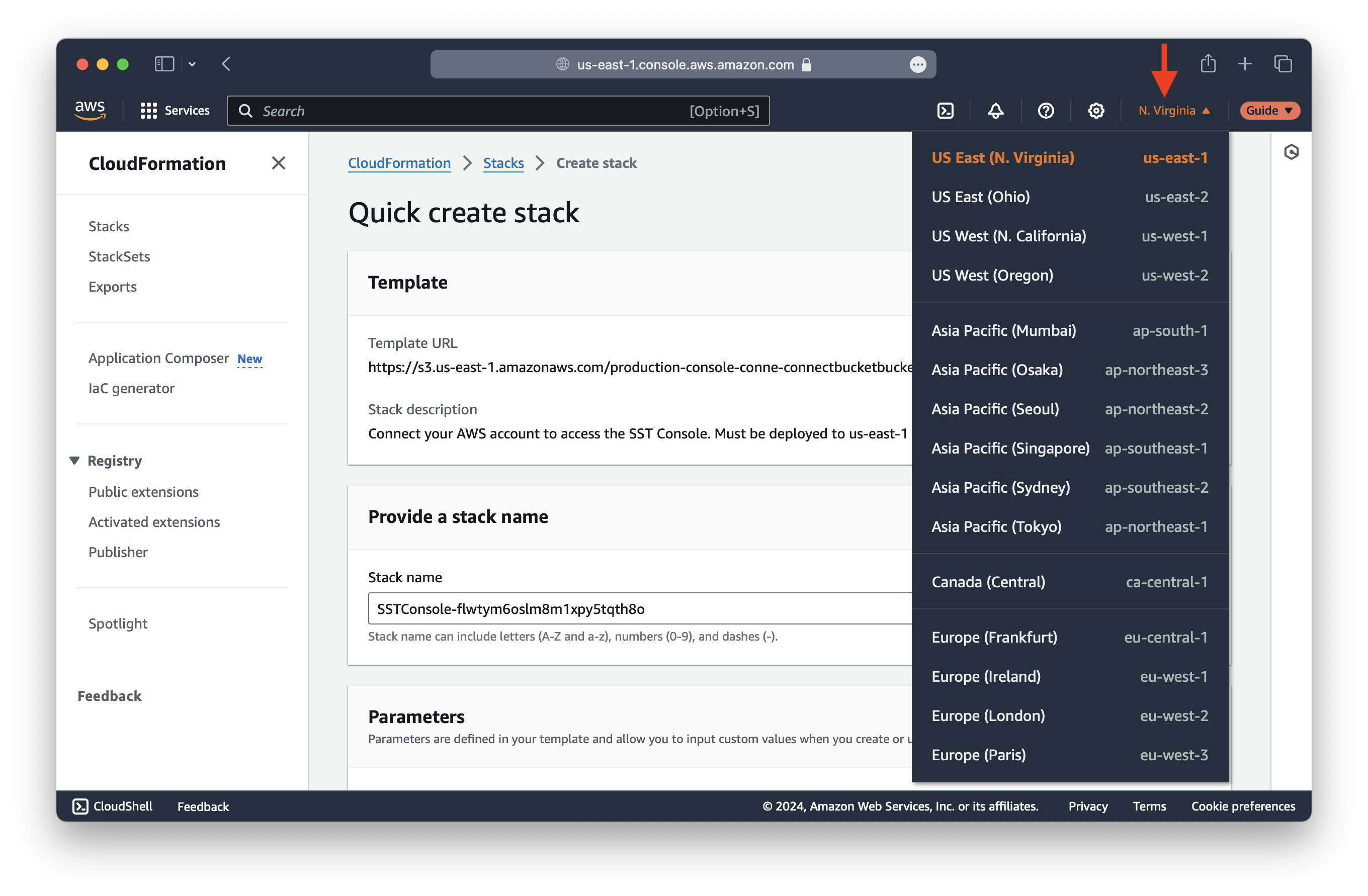 AWS Console check region