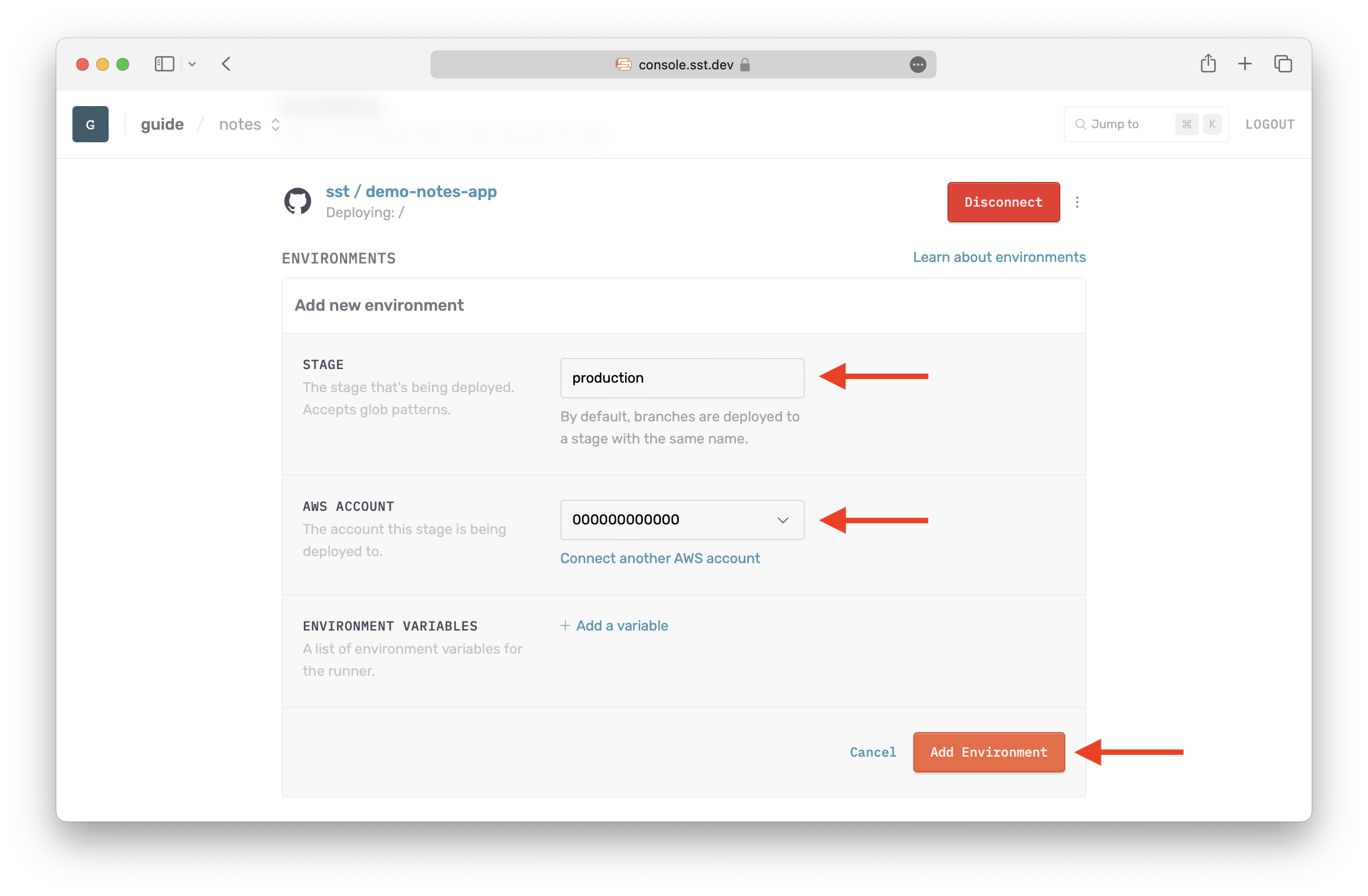 Create branch environment SST Console