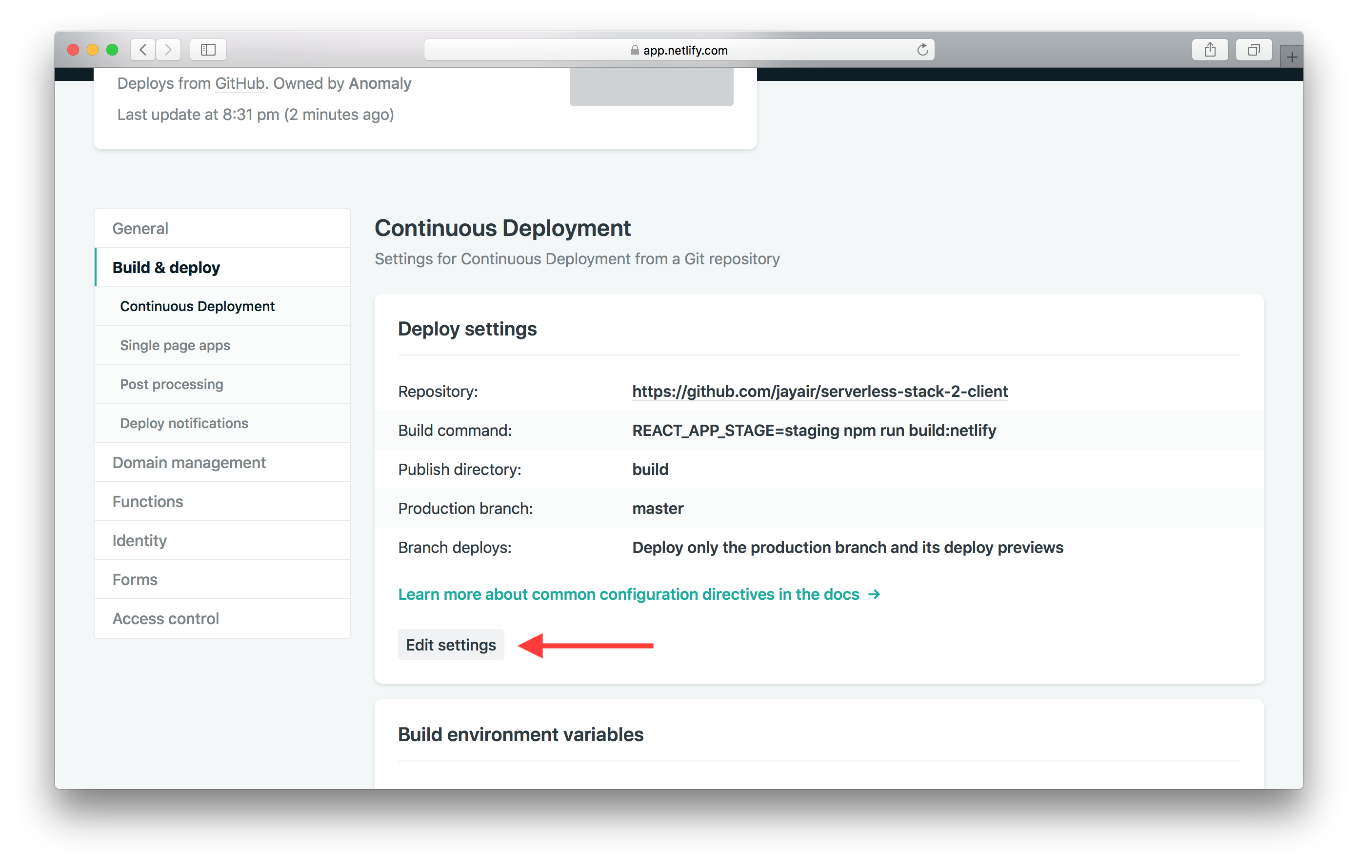 Edit build settings screenshot