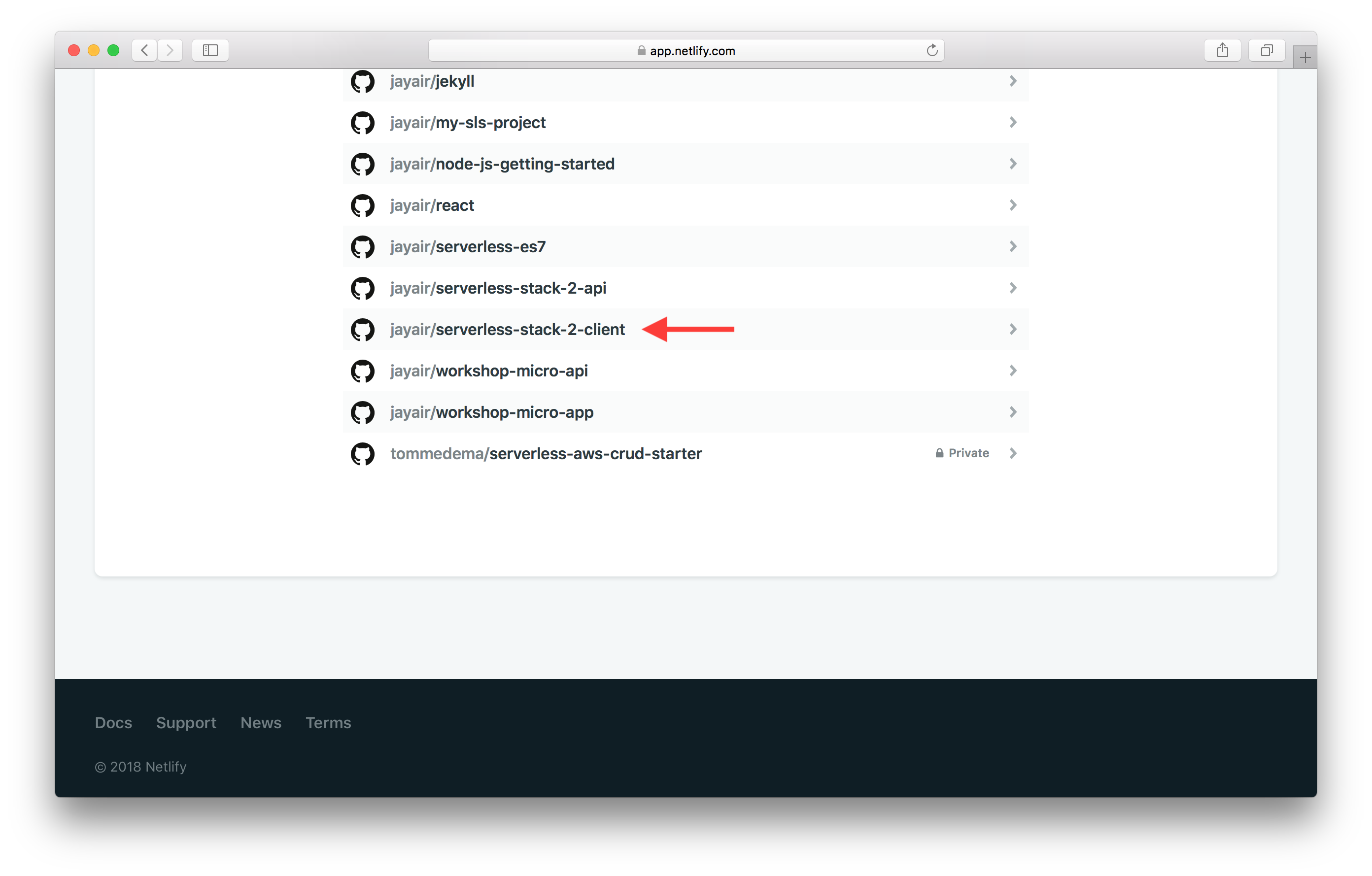 Select GitHub repo from list screenshot