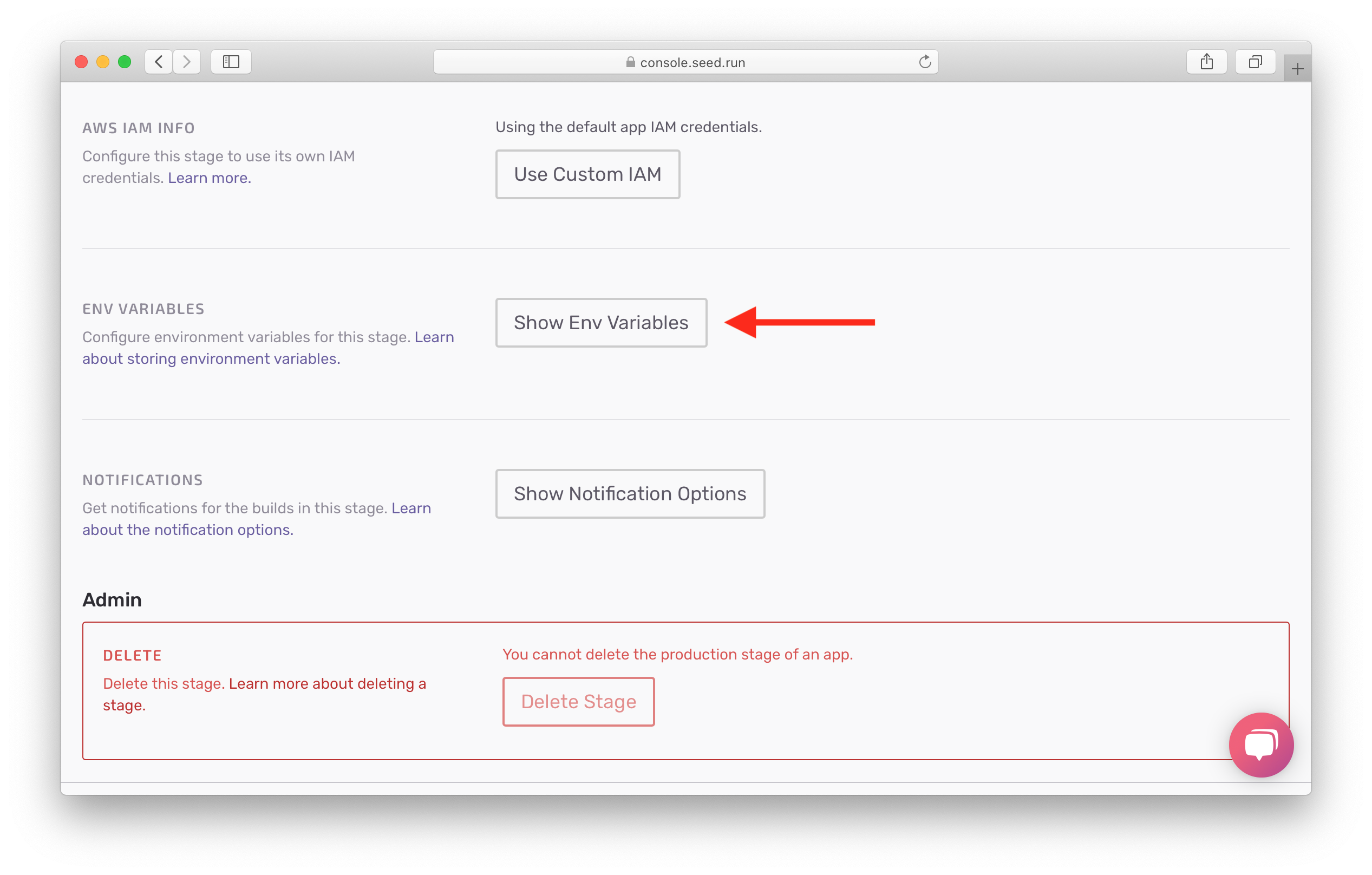 Show prod env variables settings