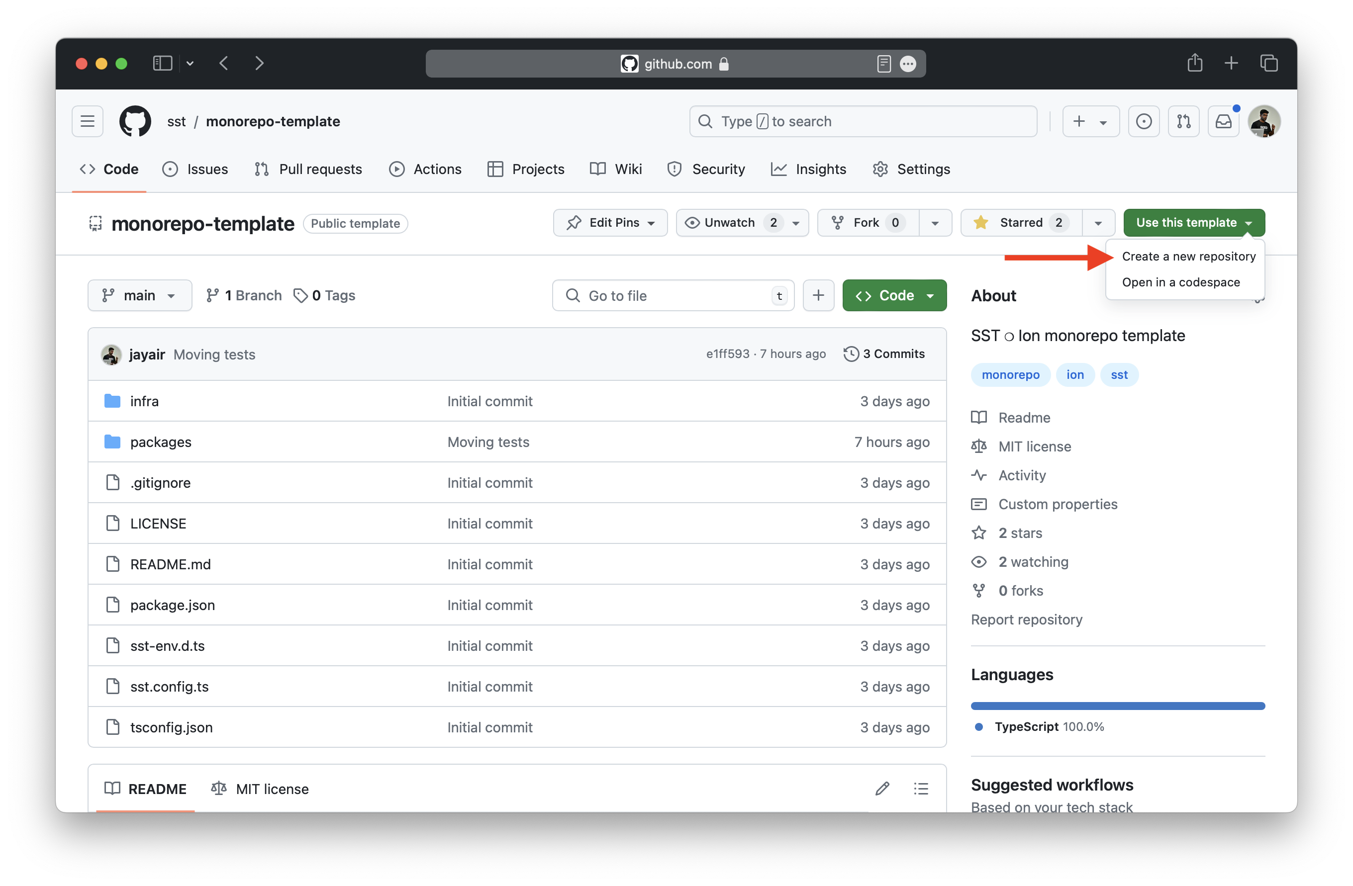 Use the SST monorepo GitHub template screenshot