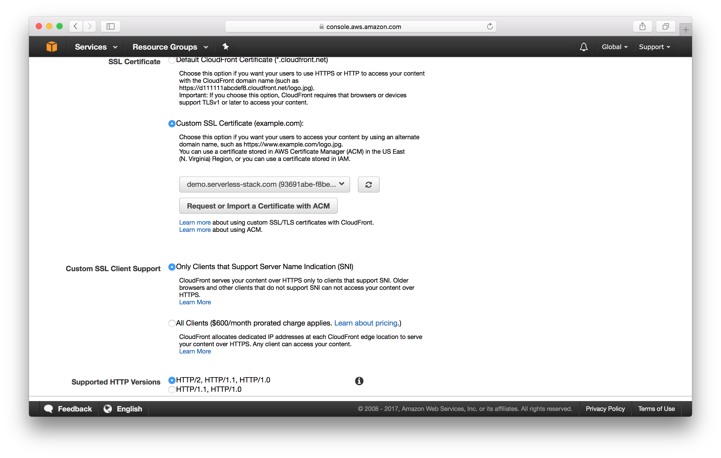 Custom SSL Certificate 선택 화면