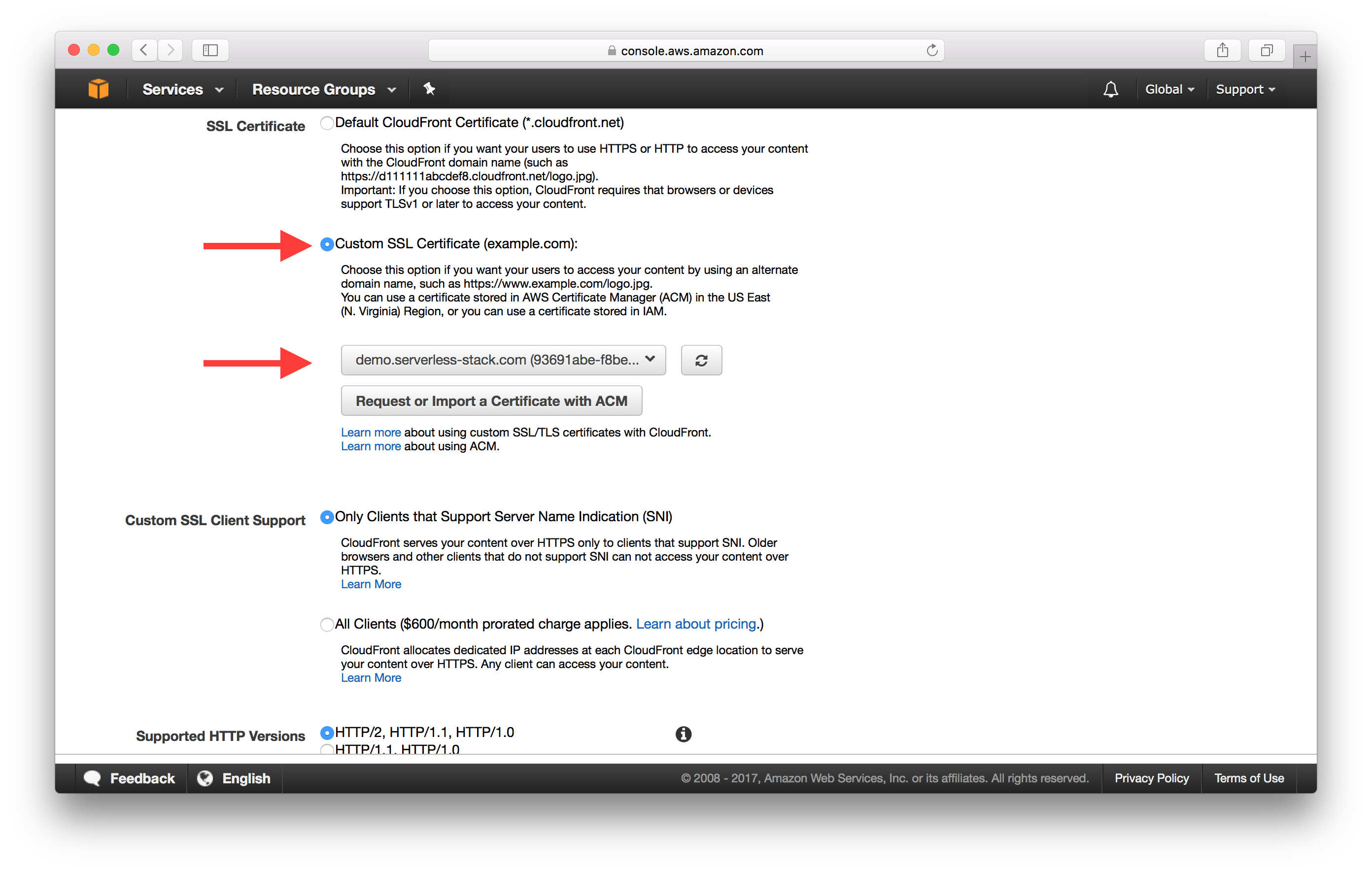 Custom SSL Certificate 선택 화면